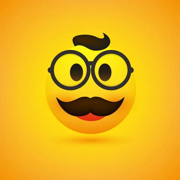 Emoji Sorridente Emoticon Maschile Felice Semplice Con Occhiali Capelli Baffi — Vettoriale Stock