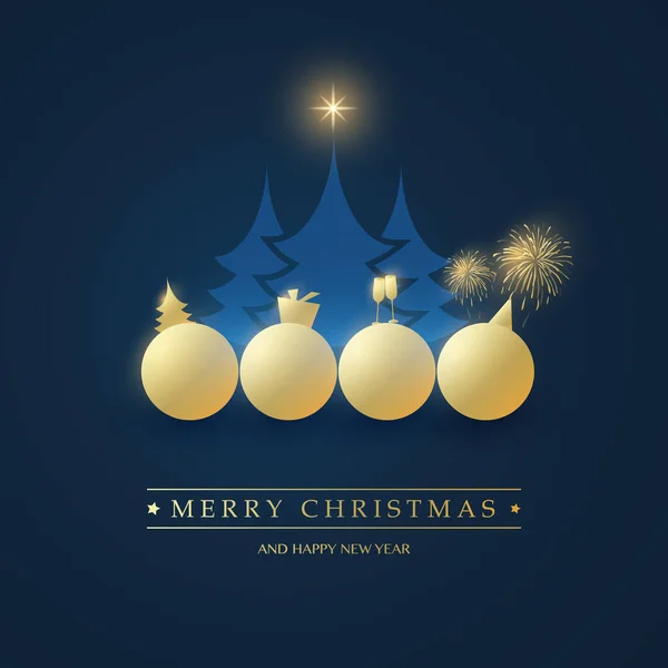 Fondo Tarjeta Navidad Con Pinos Azules Bolas Navidad Doradas Diseño — Vector de stock