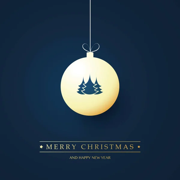 Merry Christmas, Happy Holidays Card with Pine Trees Symbol on Hanging Golden Christmas Ball - Holiday Template, Vector Design on Dark Blue Background