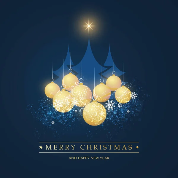 Christmas Card Background Blue Pine Trees Golden Christmas Balls Snowflakes — Stock Vector