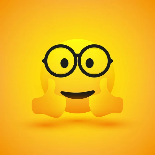 笑顔の幸せな陽気な若い男性オタク絵文字で眼鏡を見て ダブル親指を表示 シンプルな幸せな感情黄色の背景 ベクトルデザイン — ストックベクタ