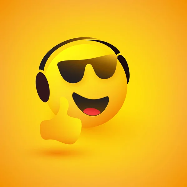 Smiling Relaxing Emoticon Face Sunglasses Headphones Showing Thumbs Yellow Background — Stock Vector