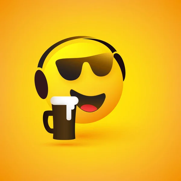 Uśmiechnięty Emoticon Listening Music Okulary Przeciwsłoneczne Słuchawki Piwne Piwo Kubku — Wektor stockowy