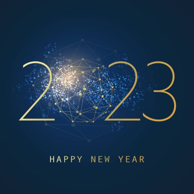 Altın ve Koyu Mavi Modern Yeni Yıl Kutlama Kartı, Parıldayan Arkaplan Üzerine Çokgen Küre Tasarım Şablonu - 2023