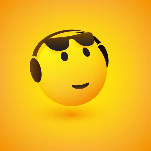 Smiling Emoticon Face Sunglasses Open Eyes Headphones Yellow Background Ακούγοντας — Διανυσματικό Αρχείο
