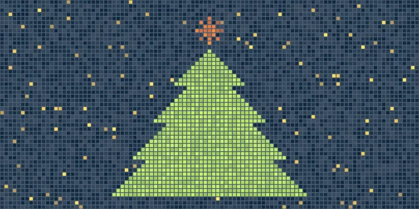 Kar Yağışındaki Yeşil Pikselli Noel Ağacı Koyu Mavi Geniş Boyutlu — Stok Vektör