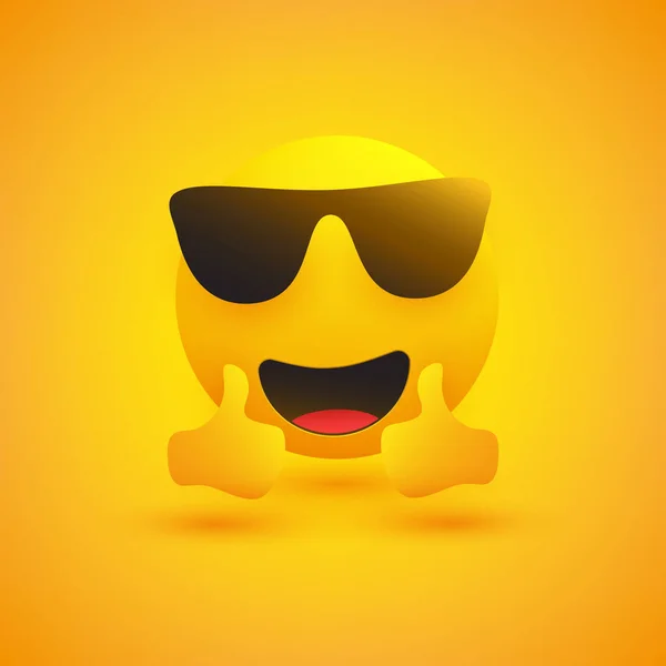 Positive Smiling Satisfied Emoji Sunglasses Showing Double Thumbs Yellow Background — Stock Vector