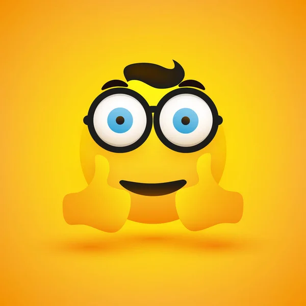 正面的 微笑的非常满意的年轻Nerd Emoji用圆形眼镜在黄色背景上显示双拇指 Web 社交媒体和即时消息应用程序的向量符号设计 — 图库矢量图片
