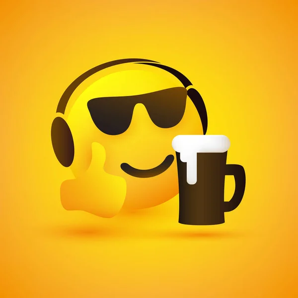 Smiling Emoticon Listening Music Face Wearing Sunglasses Headphones Frothy Beer — Διανυσματικό Αρχείο