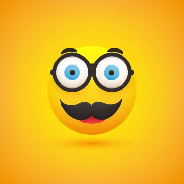 Smiling Emoji - Simple Happy Male Emoticon with Glasses and Mustache on Yellow Background - Vector Design for Web and Instant Messaging Apps