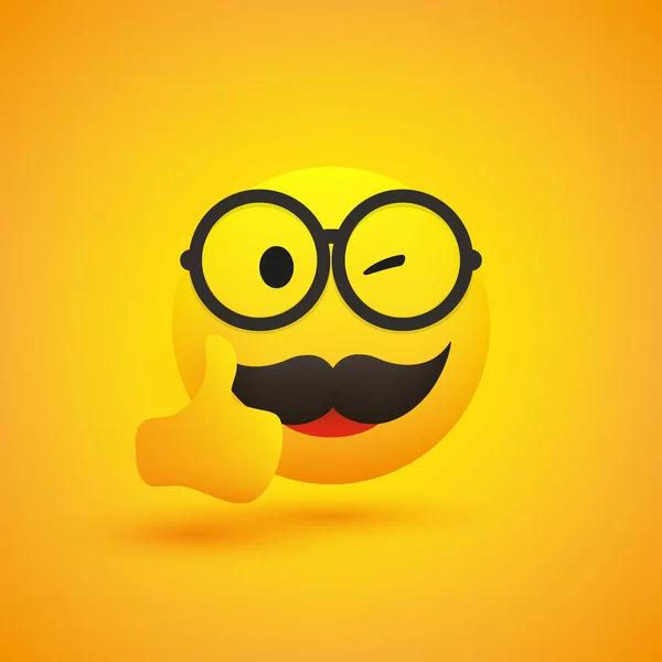 Smiling Emoji Simple Happy Winking Emoticon Mustache Glasses Showing Thumbs — Stockvector