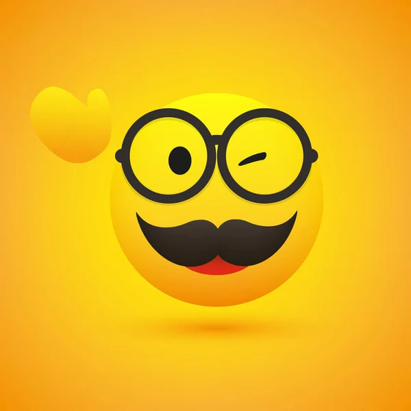 Smiling Emoji Simple Happy Male Emoticon Glasses Waving Hand Winking — Vetor de Stock