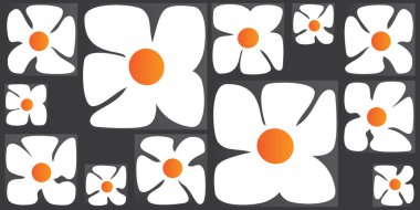 Simple, Retro Style Flowers of Various Sizes Pattern - Summer or Sping Theme from the 60s, 70s - White and Orange Colored Bold Vintage Texture on Dark Vector Background