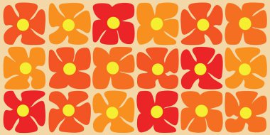Simple, Retro Style Flowers Pattern - Summer or Sping Theme from the 60s, 70s - Red, Brown, Orange Colored Bold Abstract Vintage Vector Background