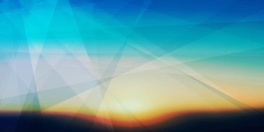 Kahverengi, Altın ve Mavi 3D Parlak Üçgen Şekilli Şeffaf Üstüste binen Düzlemler, Bulanık Bulanık Günbatımı Gökyüzü Vektör Arkaplanı, Doku Tasarımı, Geniş Ölçekli Vektör Şablonu