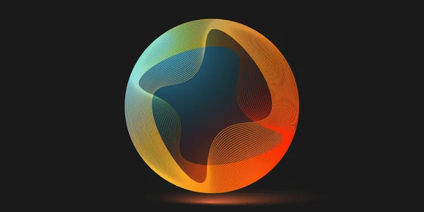 カラフルなオレンジ 青の波状縞 透明な多色の3Dラウンドグローブ形状を形成する線 暗い背景で技術のためのデザインテンプレートベクトル — ストックベクタ