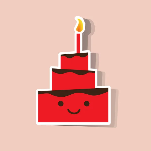 Cute Funny Red Paper Cut Birthday Cake Design Candle Smiling — Διανυσματικό Αρχείο
