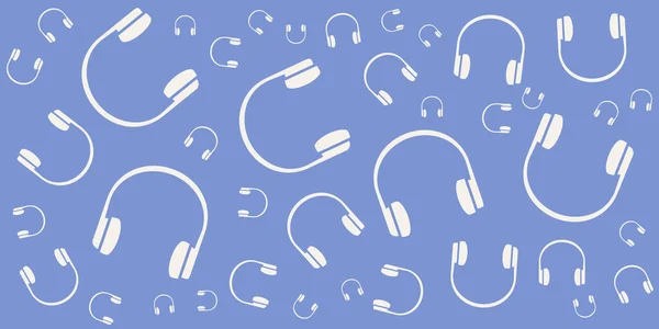 蓝色大尺度矢量背景下的许多随机大小和放置的耳机图标纹理 网站设计 布告栏 小册子 白色耳机模式 聆听音乐概念 — 图库矢量图片