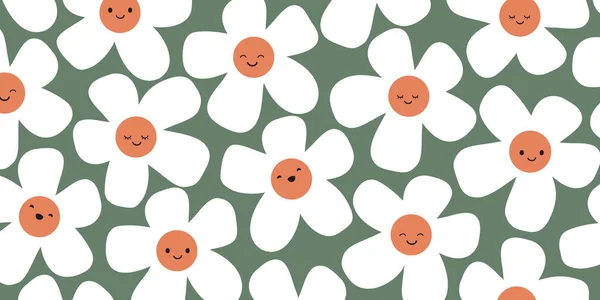 Dużo Uśmiechnięta Biała Daisy Kwiaty Wzór Zielonym Tle Cute Znaków — Wektor stockowy