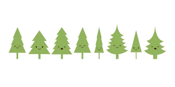 Række Mange Søde Fyrretræ Tegn Simple Ikoner Grønne Træer Planter – Stock-vektor