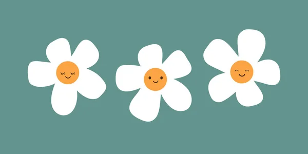 Ein Set Lächelnder Weißer Gänseblümchen Blumen Auf Grünem Hintergrund Nette — Stockvektor
