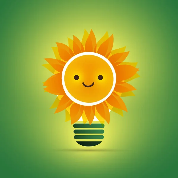 太陽とかわいい面白い笑顔の顔を持つエコ電球のデザインテンプレート 緑の背景にオレンジの色の代替太陽エネルギーの概念 編集可能なベクトル形式のイラスト — ストックベクタ