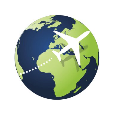 Dünyayı Gezmek - Uçakla Seyahat - Modern Style Earth Globe Design with Airplane Flying Around the World - Beyaz Arkaplanda İzole Edilmiş Kavram - Vektör İlülasyonu
