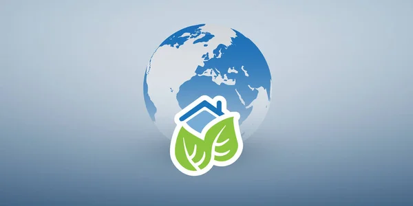 エコハウス スマートホーム 地球環境保護コンセプトデザイン ピクトグラム シンボル 青のグラデーションの背景に葉と地球の球と家のアイコン 編集可能なベクトル形式でイラスト — ストックベクタ