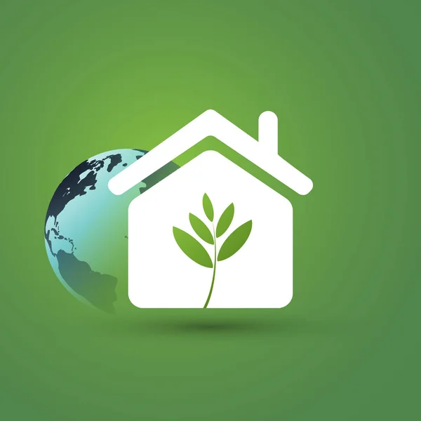 エコハウス スマートホームコンセプトデザイン 緑の背景に葉と地球の球とピクトグラム シンボル 家のアイコン 編集可能なベクトル形式でイラスト — ストックベクタ