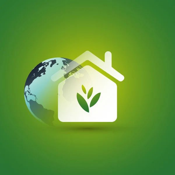 生态屋 智能住宅概念设计 象形文字 叶形房屋图标及绿色背景的地球球 可编辑矢量格式的图解 — 图库矢量图片