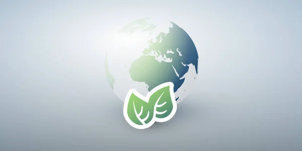 蓝色全球生态世界概念 平面设计布局 绿叶与地球 广角背景矢量模板 — 图库矢量图片