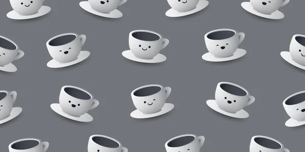 Seamless Grey Coffee Cup Εικόνες Μοτίβο Χαμογελαστά Πρόσωπα Όλους Τους — Διανυσματικό Αρχείο