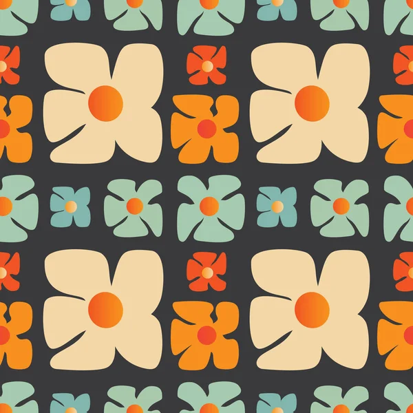 様々なサイズと色のシンプルなレトロスタイルの花パターン 60年代 70年代の夏や春のテーマ 茶色の色シームレスなヴィンテージテクスチャ ダークベクターの背景のテンプレート — ストックベクタ