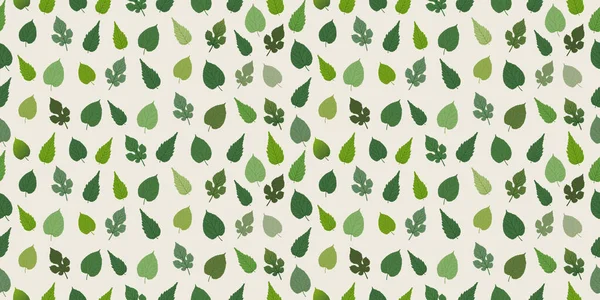 様々な形の緑の葉の多くの色合いのシームレスなテクスチャ パターン背景デザイン 編集可能なベクトル形式のWebのための季節の壁紙テンプレート — ストックベクタ