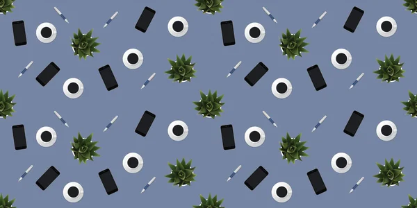 Seamless Pattern Σετ Από Αντικείμενα Κινητό Τηλέφωνο Διακοσμητικό Φυτό Ψηφιακή — Διανυσματικό Αρχείο