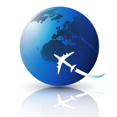 Dünyayı Gezmek - Uçakla Seyahat - Modern Style Earth Globe Tasarımı Beyaz Arkaplanda İzole Edildi - Vector Illustration