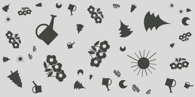 Siyah Çiçekler, Ağaçlar, Sulama Kutuları ve Güneşlerin Dokusu - Gri Geniş Ölçekli Arkaplan Mevsimsel Duvar Kağıdı Tasarımı, Düzenlenebilir Vektör Biçiminde Web Şablonu