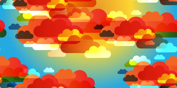 Colorful Overlay Cloud Silhouettes Pattern Clouds Covering Big Orange Sun - Stok Vektor