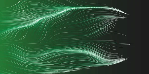 白と緑の動き 曲線上の粒子の流れ デジタル生成された暗黒未来論的抽象3D幾何学的背景デザイン 編集可能なベクトル形式の生成芸術 — ストックベクタ