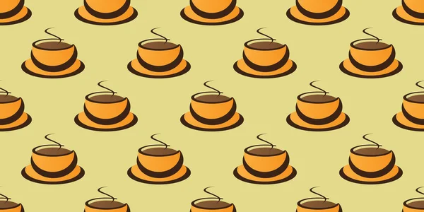 Seamless Brown Orange Coffee Cup Soup Bowl Symbols Pattern Wide — Stock Vector