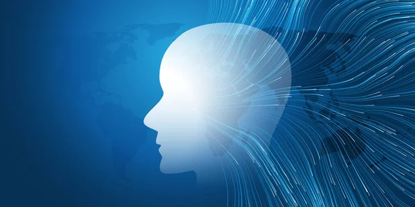 Blue Machine Learning 人工知能 クラウドコンピューティング ネットワーク人間やロボットの頭 世界地図 ニューラルネットワークの波線 脳センターへの接続とデザインコンセプト — ストックベクタ