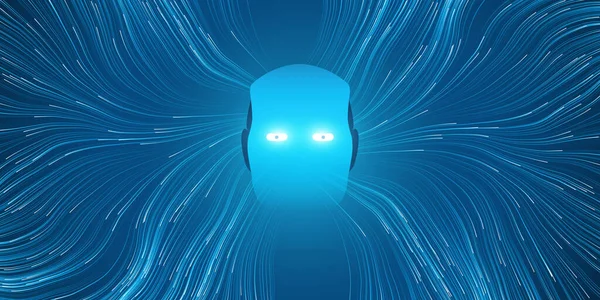Blue Futuristic Machine Learning Artificial Intelligence クラウドコンピューティング ネットワーク設計の概念とロボットヘッドとカービーメッシュ Ai脳センターへのニューラルネットワーク接続のライン — ストックベクタ