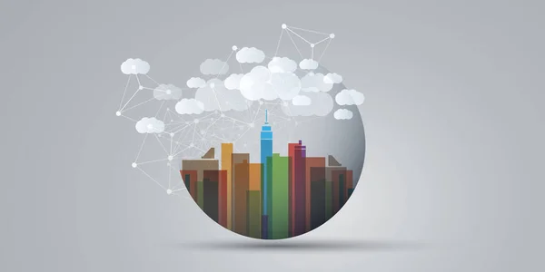 Kolorowe Smart City Cloud Computing Design Concept Transparent Globe Cityscape — Wektor stockowy