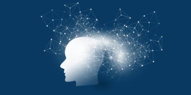 Koyu Mavi Makine Öğrenme, Yapay Zeka, Bulut Hesaplama ve Ağ Tasarımı Parlak Beyaz Geometrik Çokgen Ağ Ağları ve Robot Kafası, Yüz Silueti