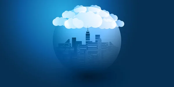 Dunkelblaue Und Weiße Smart City Cloud Computing Designkonzept Mit Transparentem — Stockvektor