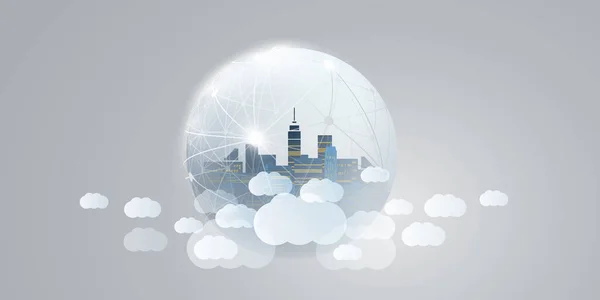 グレー 白スマートシティ 透明球と都市景観とクラウドコンピューティングデザインコンセプト 高層ビル 内部Skyscrapers デジタル多国間ネットワーク接続 技術の背景 — ストックベクタ
