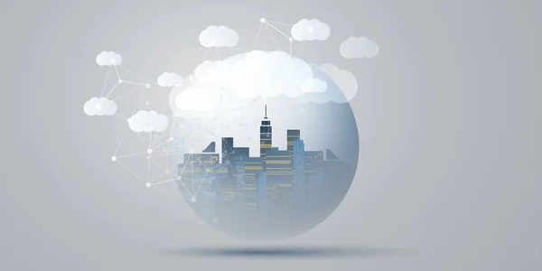 stock vector Blue, Grey and White Smart City, Cloud Computing Design Concept with Transparent Globe and Cityscape , Tall Buildings, Skyscrapers Inside - Digital Polygonal Network Connections, Technology Background