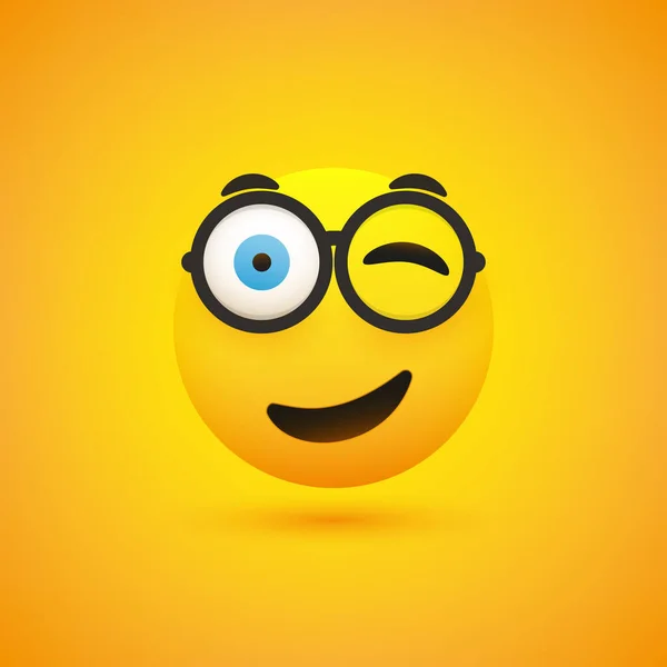 Glimlachende Knipogende Emoji Met Bril Eenvoudige Glimmende Vrolijke Emoticon Gele — Stockvector