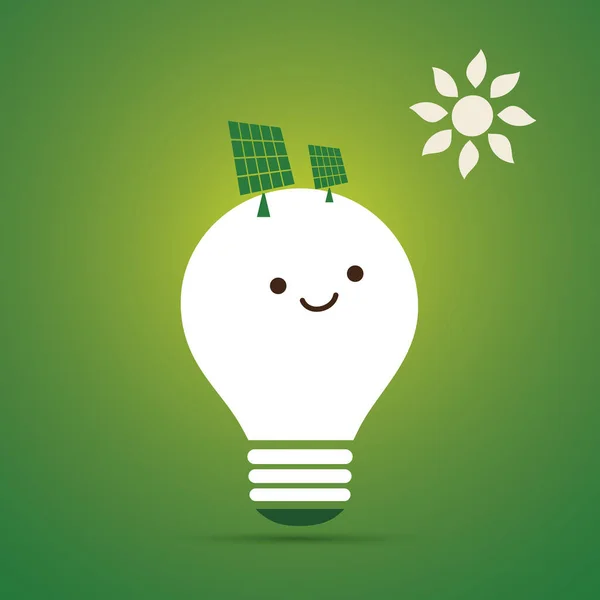 绿色背景下的白色微笑灯泡 具有滑稽面孔的情色灯泡 创意概念 绿色可再生能源 生态解决方案 太阳能 病媒说明 — 图库矢量图片