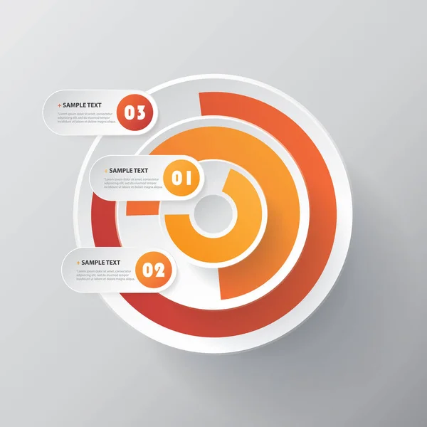 カラフルな円形の同心円状3D形状 オレンジ 茶色の色の可視化テンプレート グラフ グレーの背景に数字の円グラフでインフォグラフィックデザイン — ストックベクタ